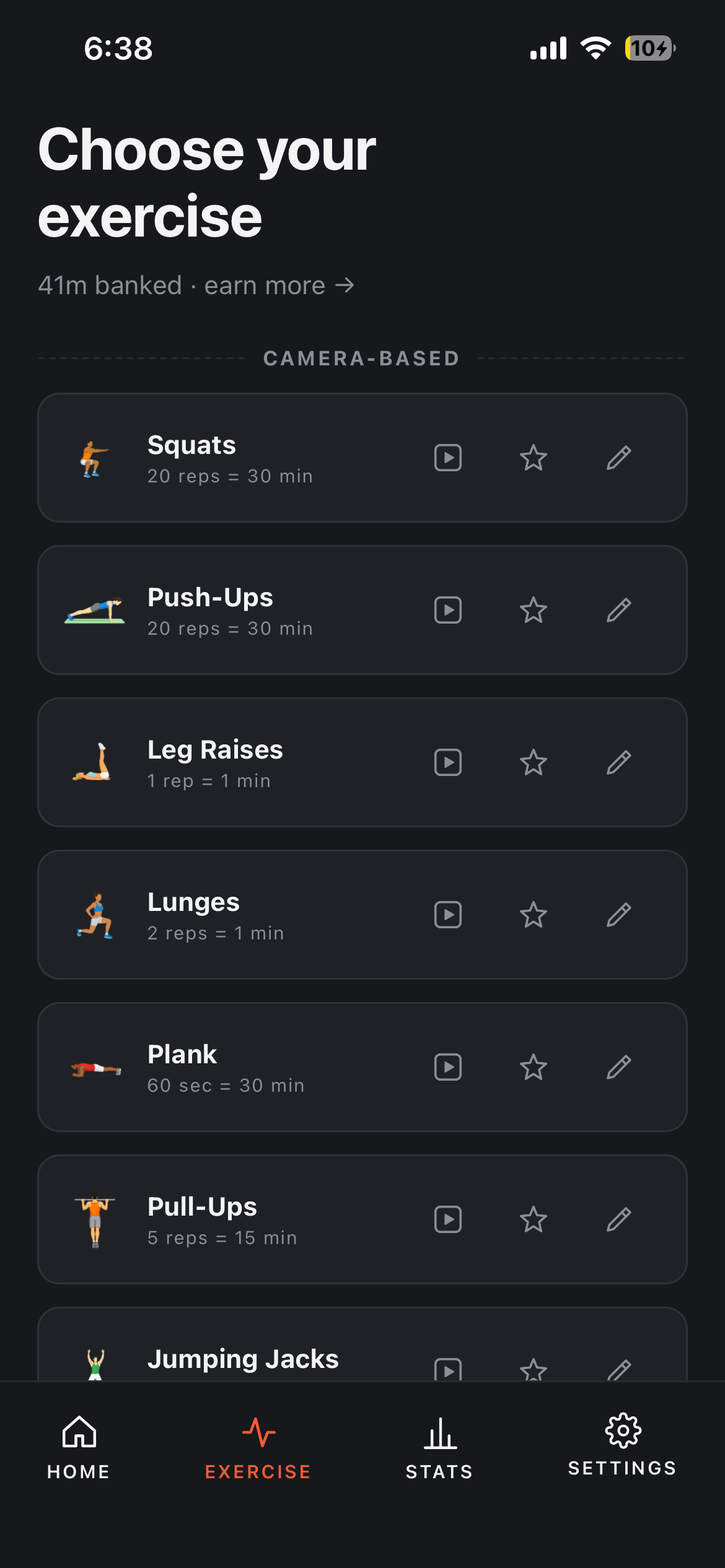 Exercise picker showing pushups, squats, situps, cycling, and more with 41 minutes banked
