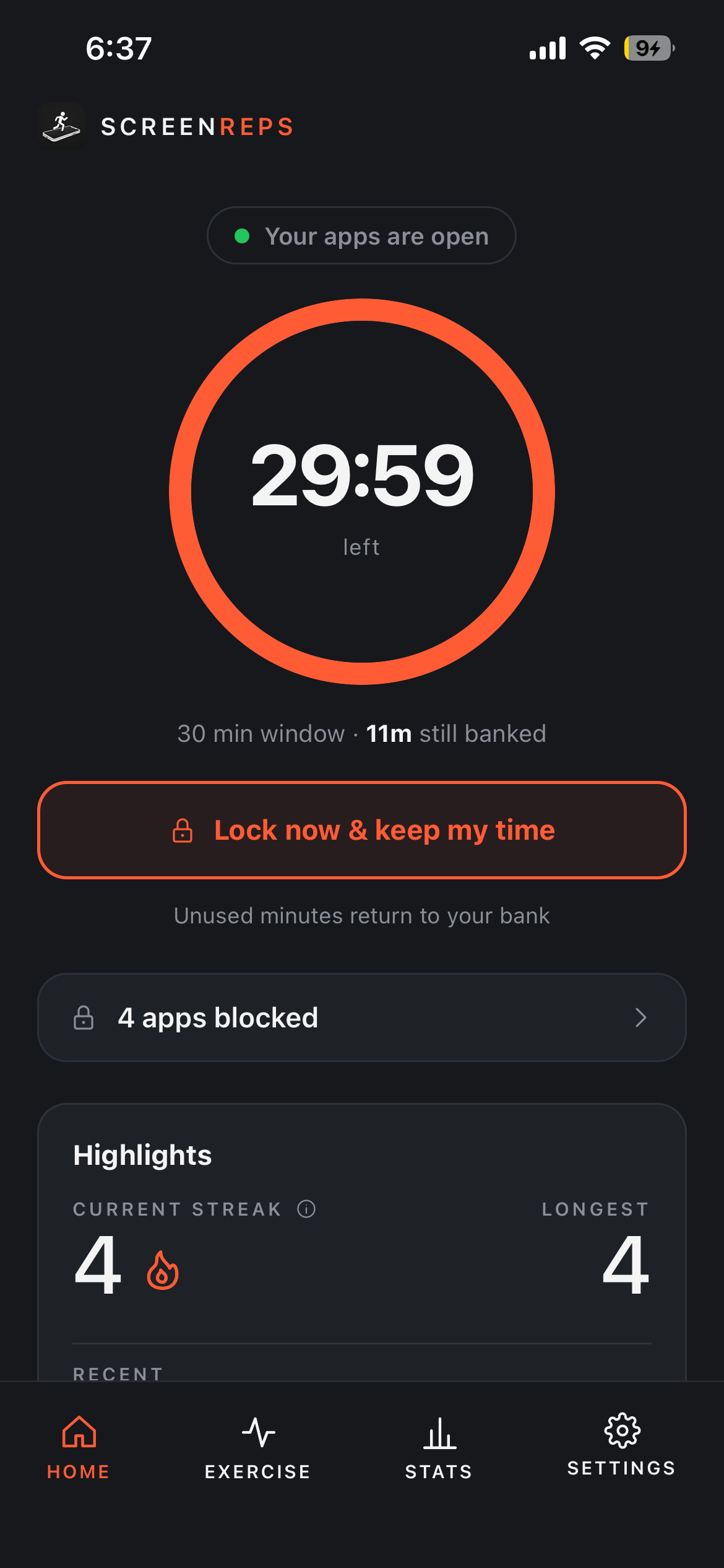 ScreenReps home screen showing 30-minute unlock window with 11 minutes still banked